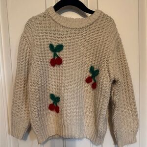 Zara Cream Knit Crewneck Sweater with Red Cherry Appliqués